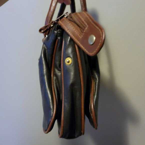 Vintage All Weather black tan Leather Satchel bag purse top Handle expandable - Picture 3 of 5